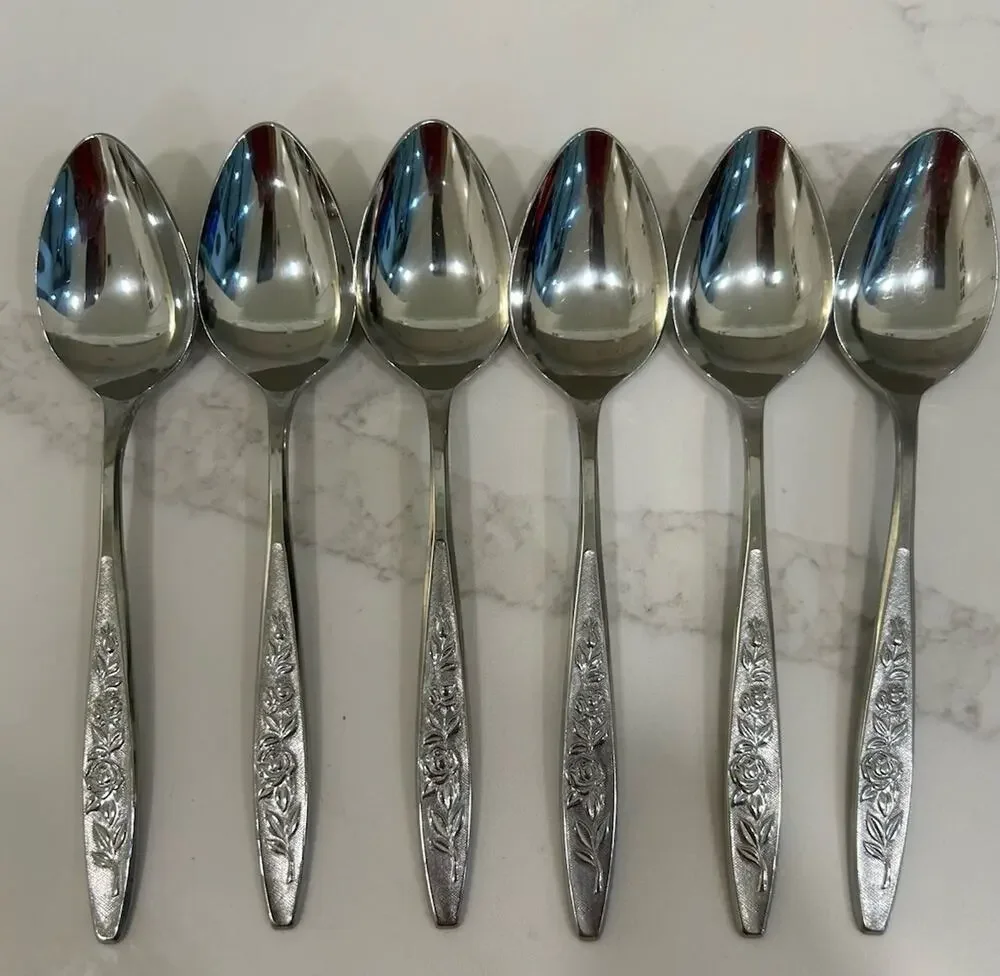 Eldan ELD18 Set Of 6 Dinner Spoons MAY ROSE Textured Roses Stainless Vintage MCM